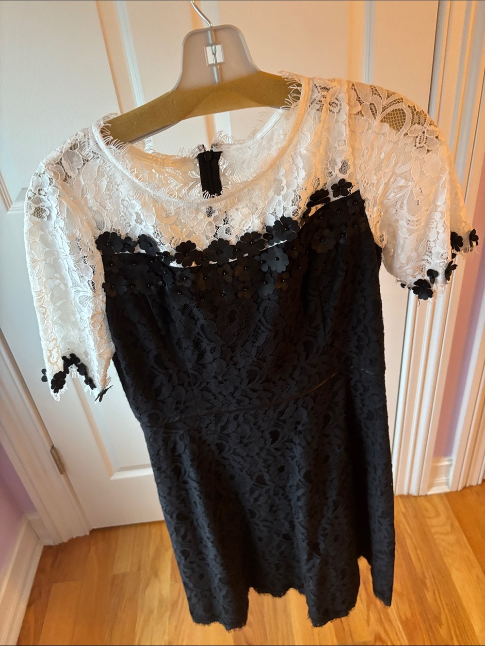 Black and White Lace Cocktail Dress with Floral Appliqué